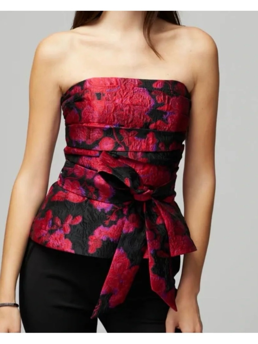 WHBM Bustier Corset Strapless Pleated Floral Jacquard Peplum Tie Waist Red Black